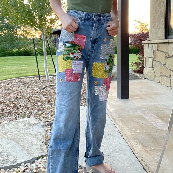 High rise vintage style patchwork custom jeans